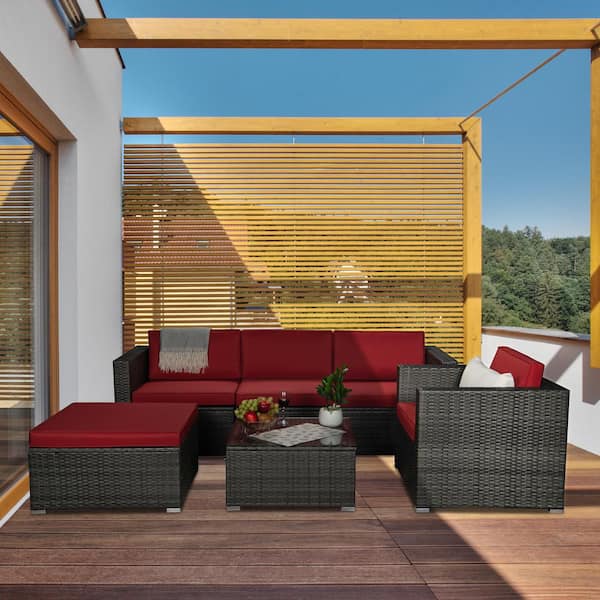 AUTMOON Outdoor Garden Patio Furniture 6-Piece Dark Gray Wicker Sectional Red Cushioned Sofa Set with 1 Beige Pillow