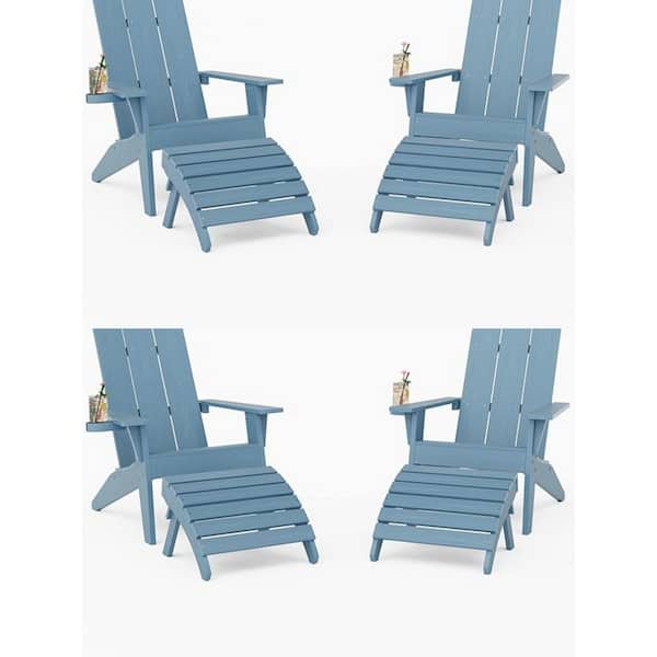 8-Piece Oversize Modern Blue Plastic Outdoor Patio Adirondack Chair with Folding Ottoman Set (Set of 4)