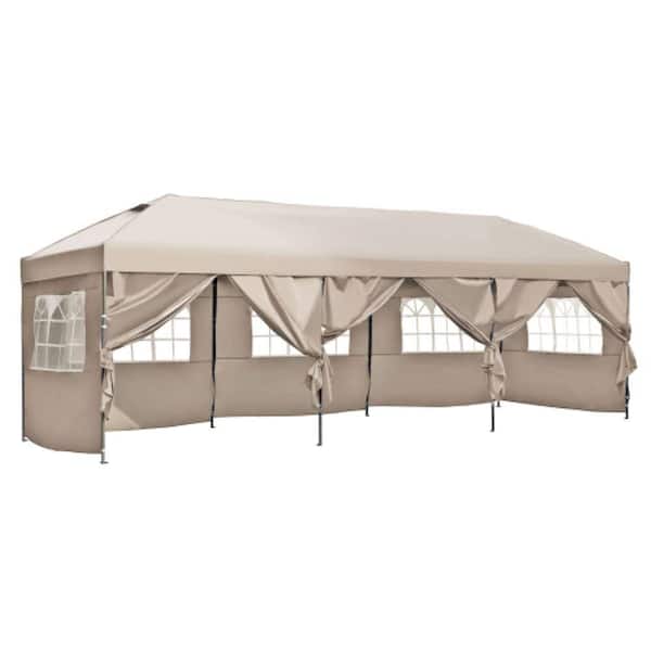 Heavy Duty 10 ft. x 30 ft. Khaki Pop Up Canopy with Sidewalls, Outdoor Canopy Tent with Wheeled Bag, for Patio, Wedding