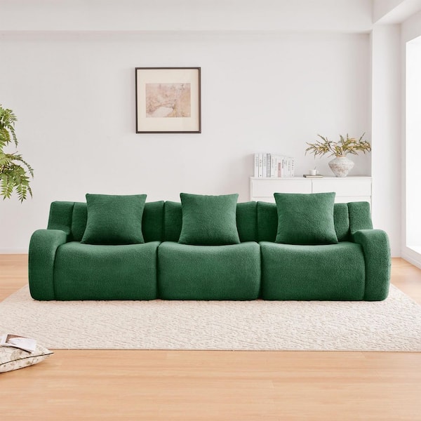 115 in. Modern Teddy Fabric Curved Slope Armrests Streamlined 3 Seat Boneless Sofa with Anti-Slip Design in Green