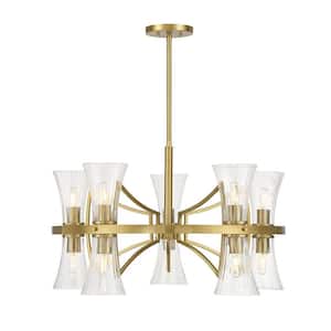 Bennington 10-Light Warm Brass Chandelier with Clear Ribbed Glass Shades