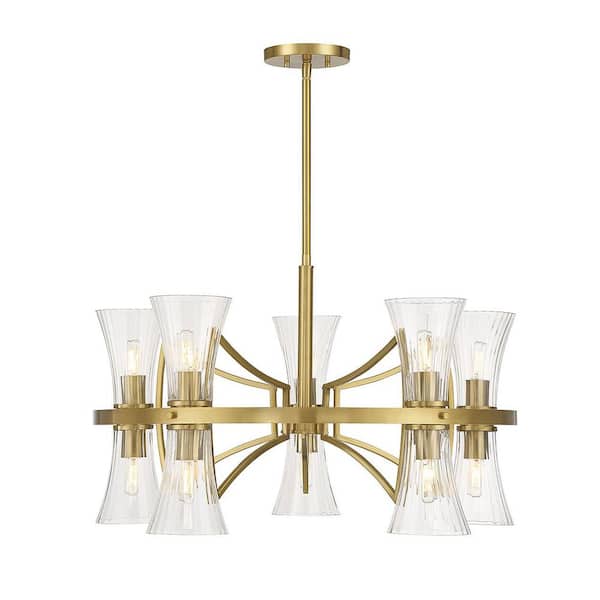 Savoy House Bennington 10-Light Warm Brass Chandelier with Clear Ribbed Glass Shades