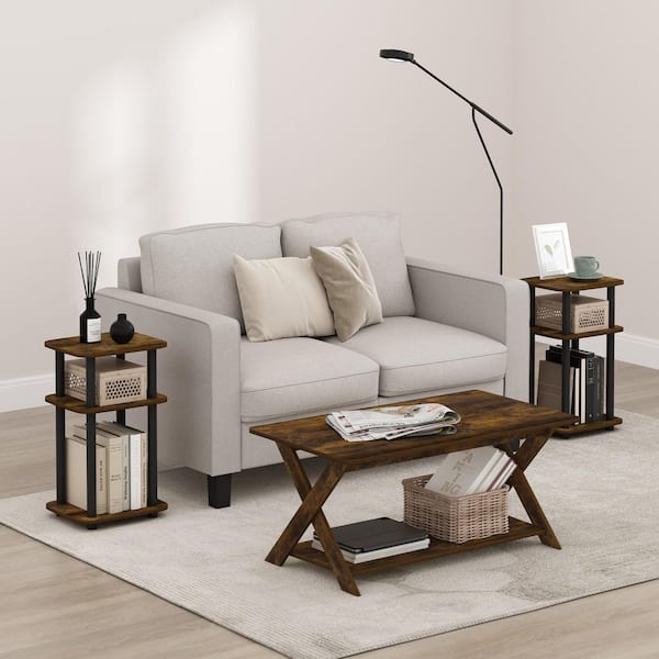 Just 13.15 in. Amber Pine/Black Rounded Rectangle Wood End Table (Set of 2)