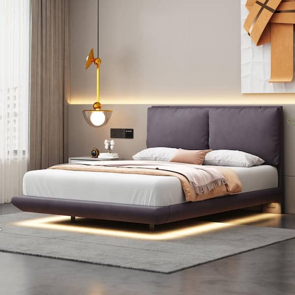 Floating Gray Wood Frame Full Size Velvet Upholstered Platform Bed with Sensor Light, 2-Plump Backrests, USB Ports