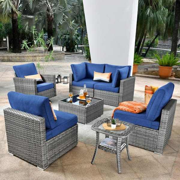 weaxty W Daffodil M Gray 7-Piece Wicker Patio Outdoor Conversation Sofa Set with a Swivel Rocking Chairs and Navy Blue Cushions