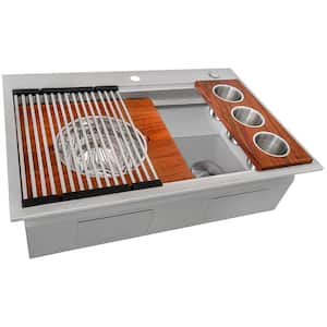 Dual Tier 33 in. Drop-in Single Bowl 16-Gauge Stainless Steel Two-Tiered Workstation Kitchen Sink with Accessories