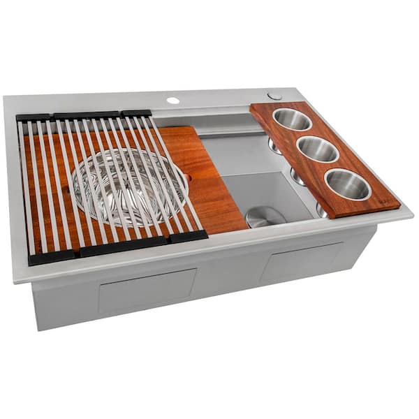 Dual Tier 33 in. Drop-in Single Bowl 16-Gauge Stainless Steel Two-Tiered Workstation Kitchen Sink with Accessories