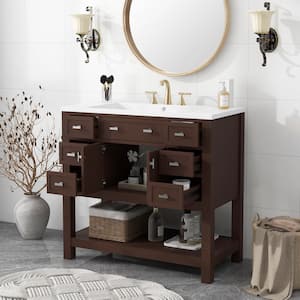 Logan 36 in. W x 18 in. D x 34 in. H Freestanding Bath Vanity in Brown with White Ceramic Top
