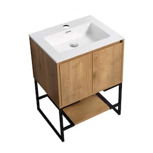 24 in. W Freestanding Bath Vanity in Oak with Glossy White Top Integrated Sink