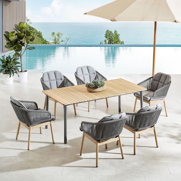 Akka Gray 7-Piece Wicker Outdoor Dining Set with Gray Cushions Incule Umbrella Hold