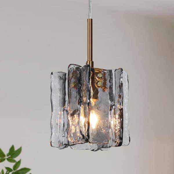 Echonalyri Modern 4.7 in. W Black Pendant Light 1-Light Glam Brass Accent Island Mini Pendant with Textured Glass Shade