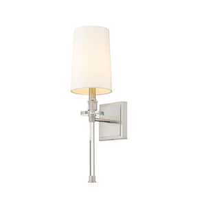1-Light Brushed Nickel Wall Sconce with White Fabric Shade