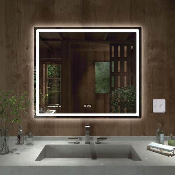 TMMU 42 in. W x 36 in. H Round Corner Rectangular Frameless Wall Mount LED Bathroom Vanity Mirror in Polished Crystal