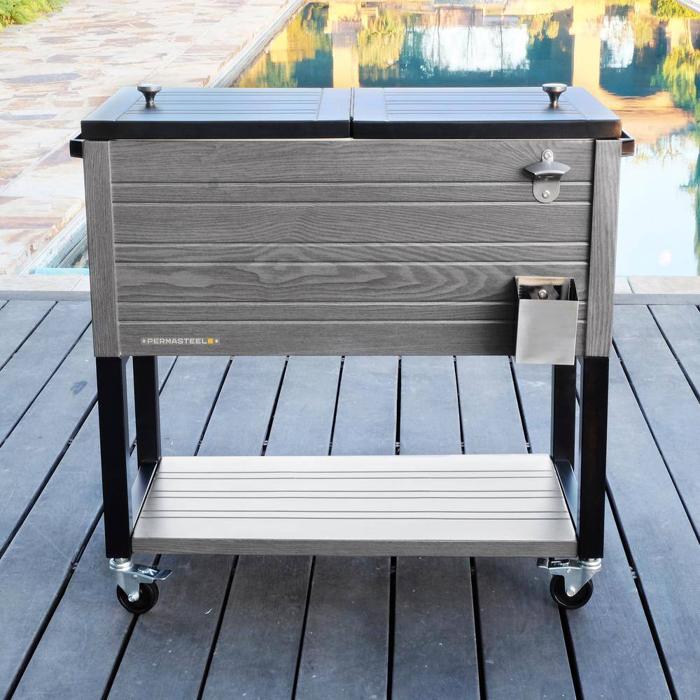 Permasteel 80-Quart Gray Woodgrain Rolling Patio Cooler with Wheels