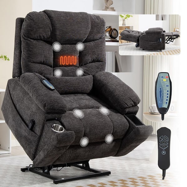 Functional Oversized Comfort Chenille Power Lift Recliner with Wireless Charging, Cup Holder, Massage and Heating-Grey
