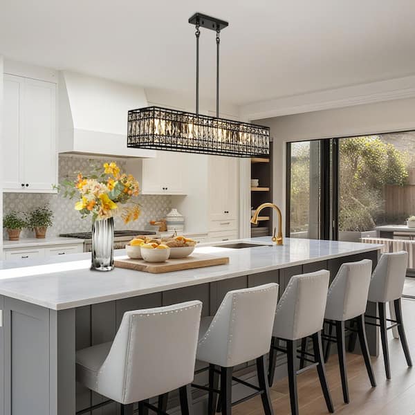 Cristallo 35.4 in. Modern 4-Light Black Island Chandelier with Glam Crystal Rectangle Shade, LED Compatible