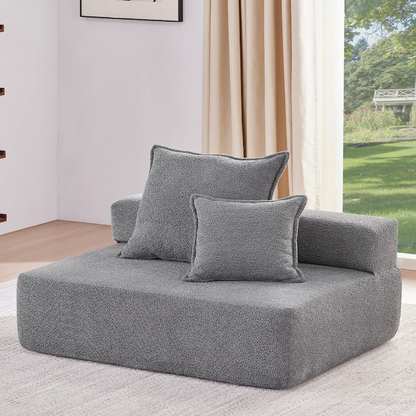 48 in. Armless Boucle Fabric Square Compressed Sofa Couch with 2-Pillows in Gray