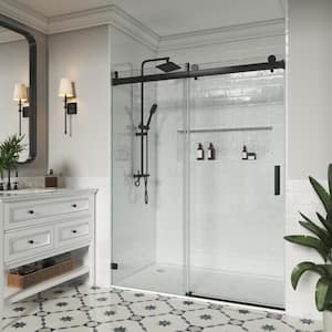 60 in. W x 72 in. H Single Sliding Frameless Soft-Closing Shower Door in Matte Black with Easy-Clean 3/8 in. Glass