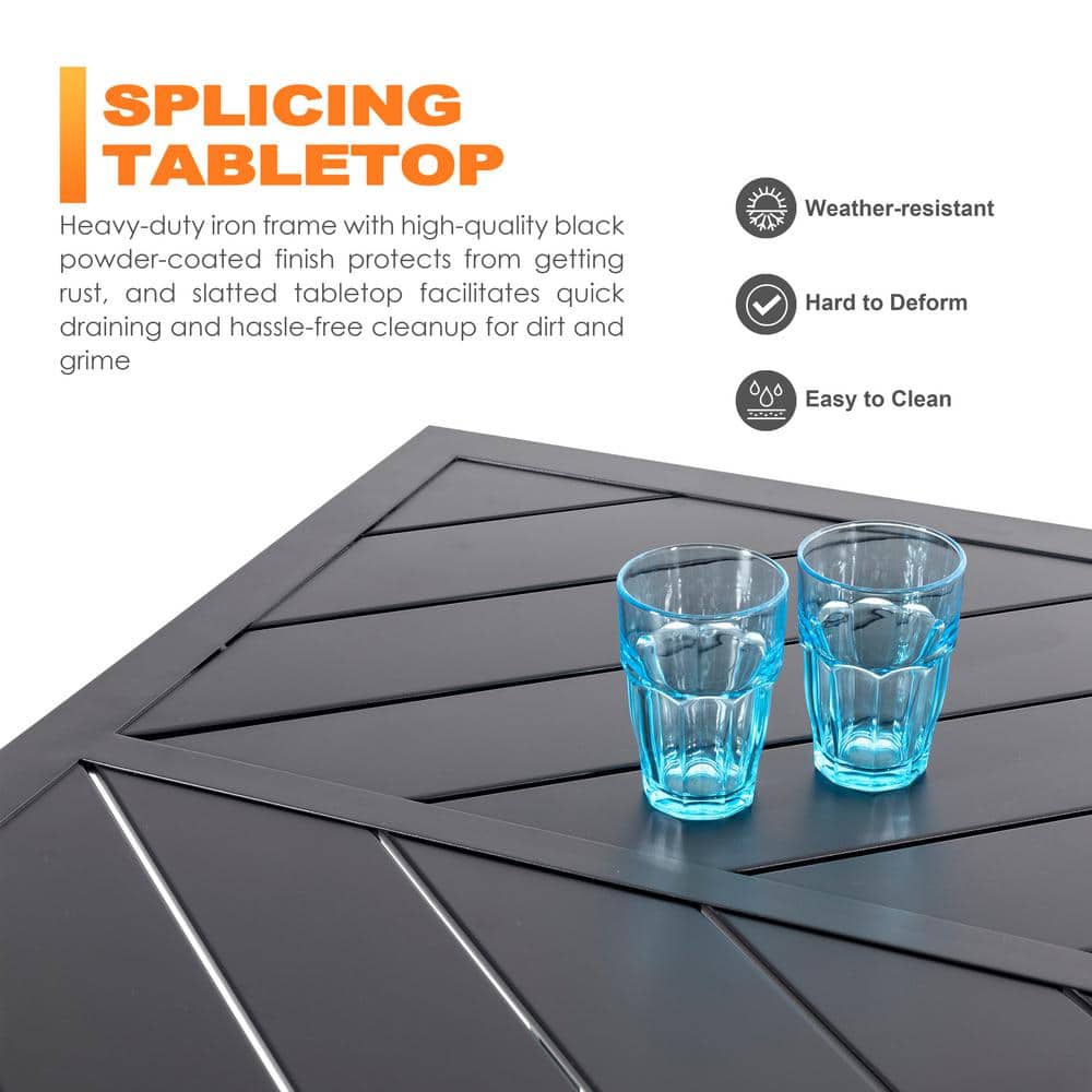 Black Powder-Coated Iron Outdoor Dining Table with Umbrella Hole