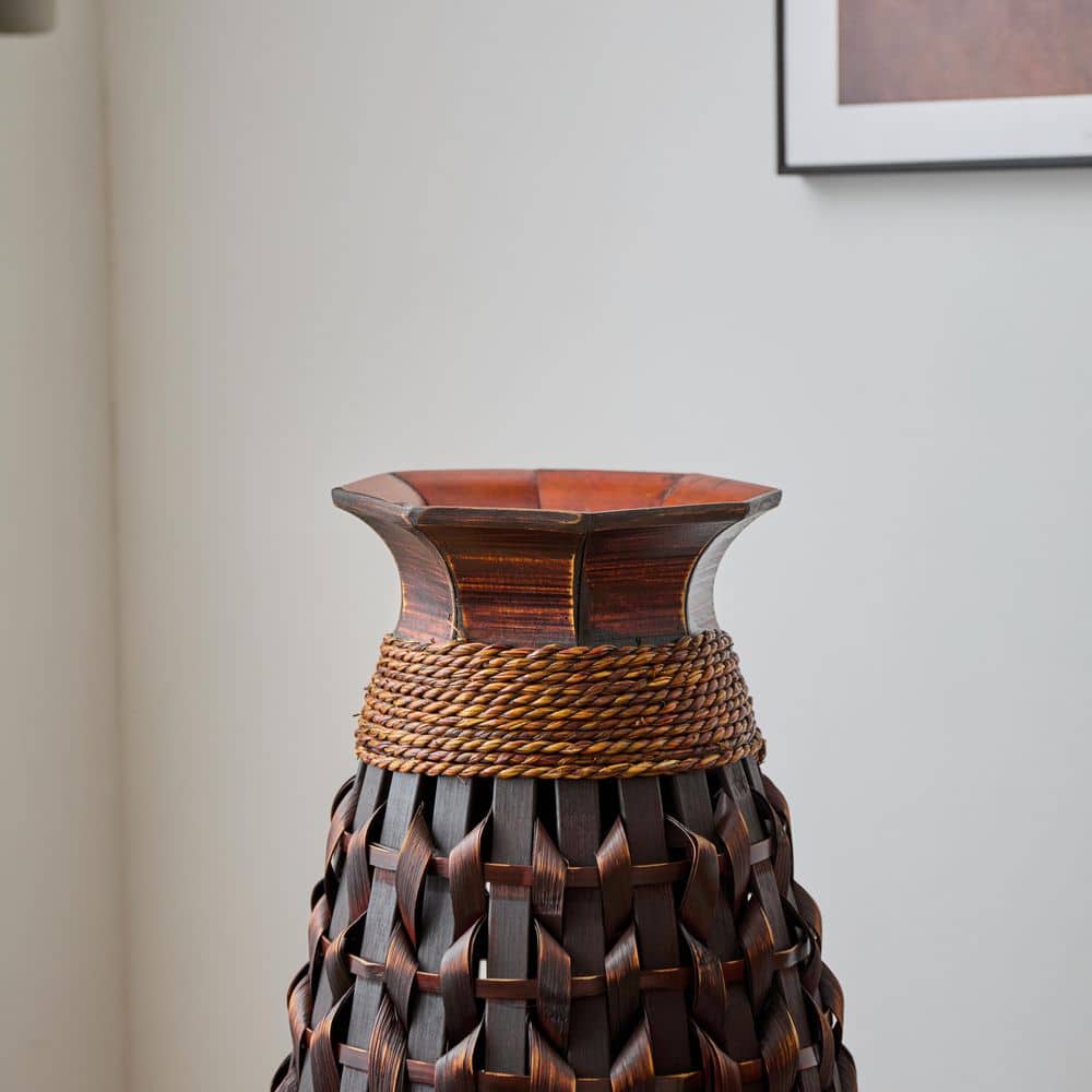Tall Black Bamboo Floor Vase with Wicker Woven Design, 39 Inches High