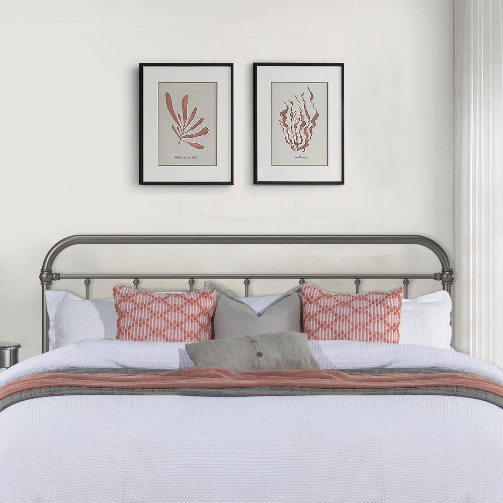 King Aged Pewter Metal Headboard with Spindle Design