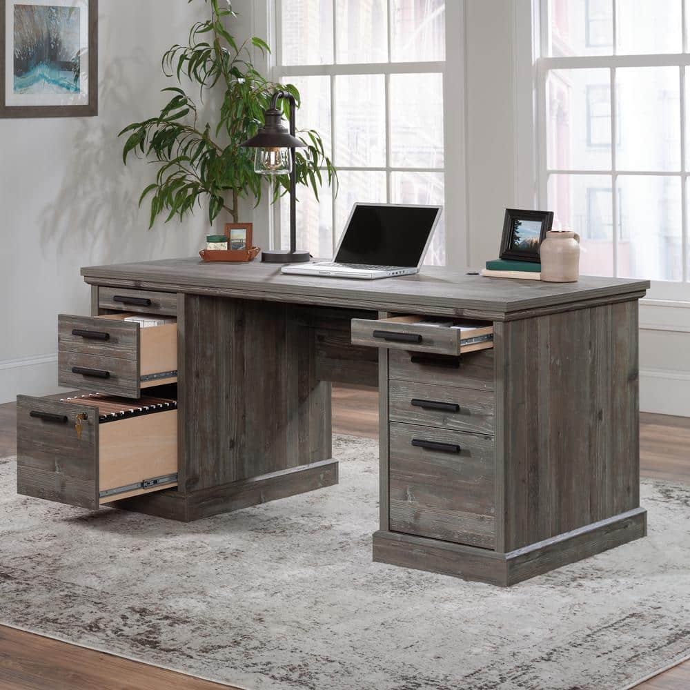 Aspen Post Pebble Pine Executive Desk with Dual Filing Cabinets