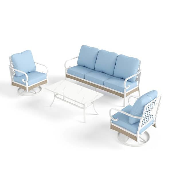 PHI VILLA Metal 4-Piece Steel Outdoor Patio Conversation Set With Swivel Chairs, Blue Cushions and Table With Marble Pattern Top
