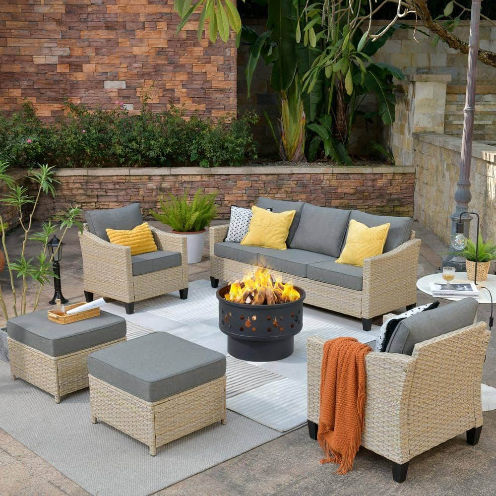 Oconee 6-Piece Wicker Outdoor Patio Conversation Sofa Seating Set with a Wood-Burning Fire Pit and Dark Gray Cushions -  HOOOWOOO, WFP-DAR206