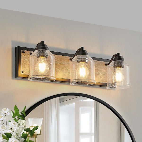 23 in. 3-Light Black Farmhouse Vanity Light Fixture with Brown Faux Wood Accent and Seeded Glass Shades