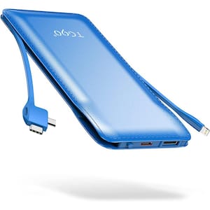 10000mAh Portable Power Bank with Built in Lightning Cable Battery Backup Compatible w/IPhone, Andriod, Blue