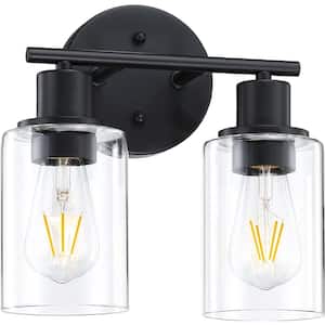 10.45 in. 2-Light Matte Black Bathroom Vanity Light with Clear Glass Shades
