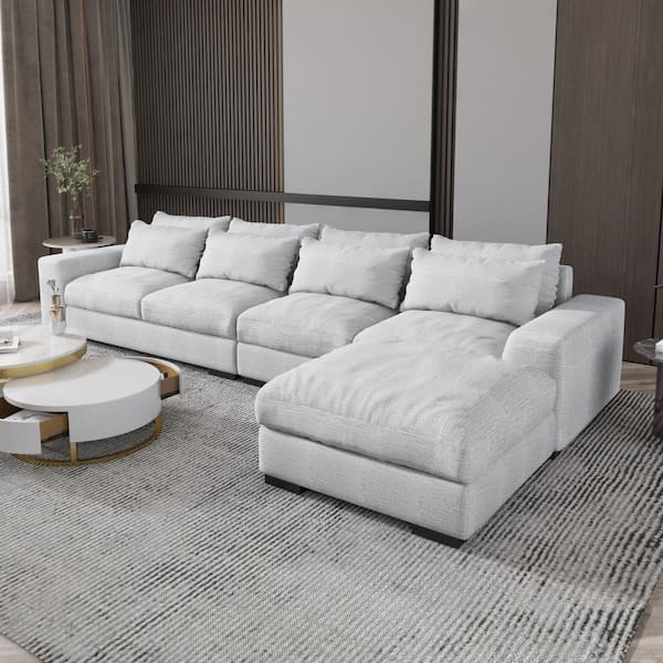 J&E Home 149 in. W Square Arm 3-Piece Linen L-Shaped Sectional Sofa in Light Beige