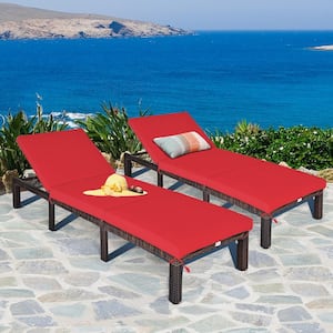 2-Piece Wicker Outdoor Rattan Chaise Lounge Chair Adjustable Backrest Recliner with Red Cushions