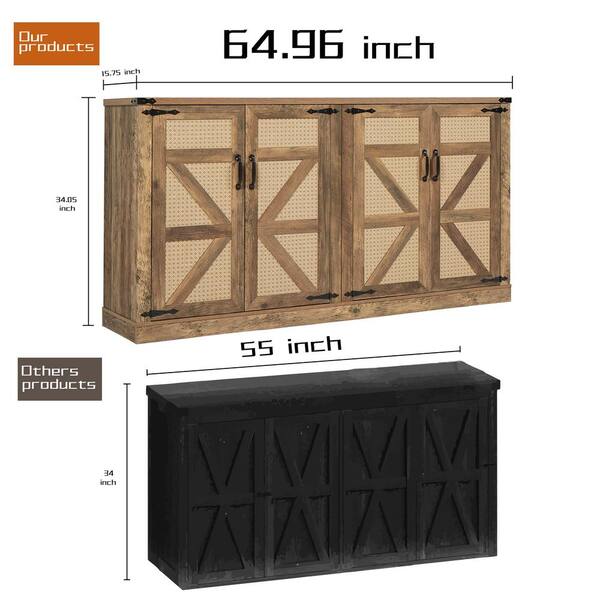 FUNKOL 64.96 in. x 15.75 in. x 34.05 in. Oak Color Wooden Faux Rattan Wine Cooler w/4 Magnetic Bin-Doors and Adjustable Shelves