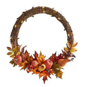 22 in. Pumpkin and Maple Artificial Autumn Wreath with 50 Warm White LED Lights