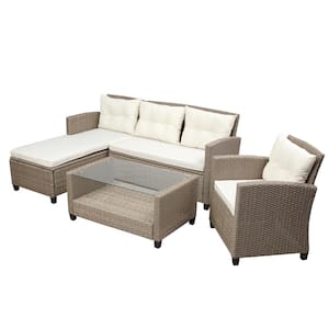 4-Piece Patio Furniture Set, Outdoor Rattan Wicker Conversation Set, Sectional Sofa Set with Coffee Table, Beige Cushion