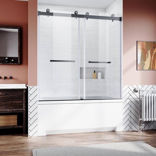 60 in. W x 62 in. H Frameless Sliding Tub Door in Matte Black with Clear Tempered Glass