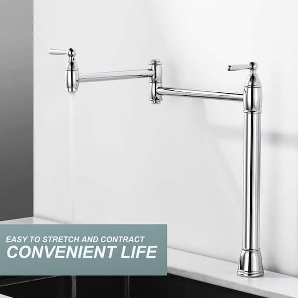 Brass Deck Mount Pot Filler Faucet with 2-Handles and Supply Line Folding Island Faucet in Polished Chrome