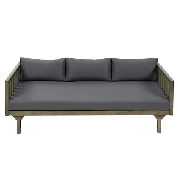 Unbranded Acacia Wood Outdoor 3-seater Couch Bed for patio lawn backyard poolside with Cushion Grey