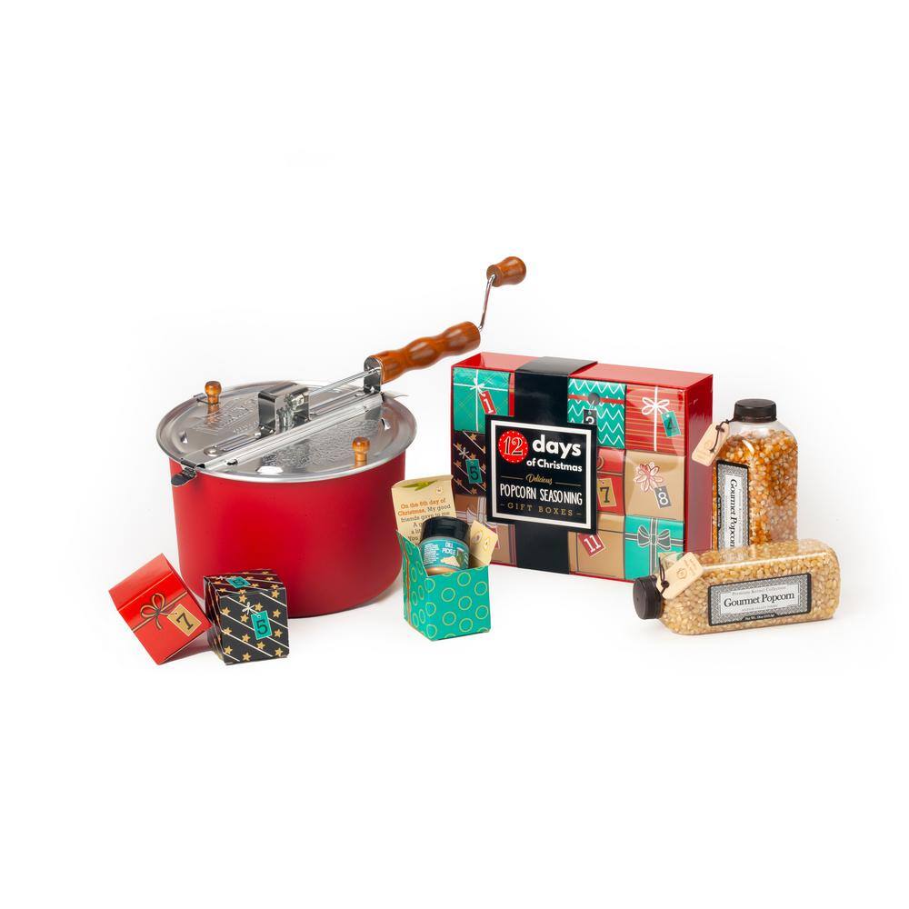 Whirley Pop 6 qt. Aluminum Red Stovetop Popcorn Popper with 12Days of Christmas Popcorn
