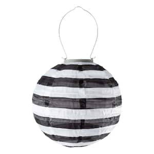 Glow 10 in. Black and White Stripe Round Solar Integrated LED Hanging Outdoor Nylon Lantern