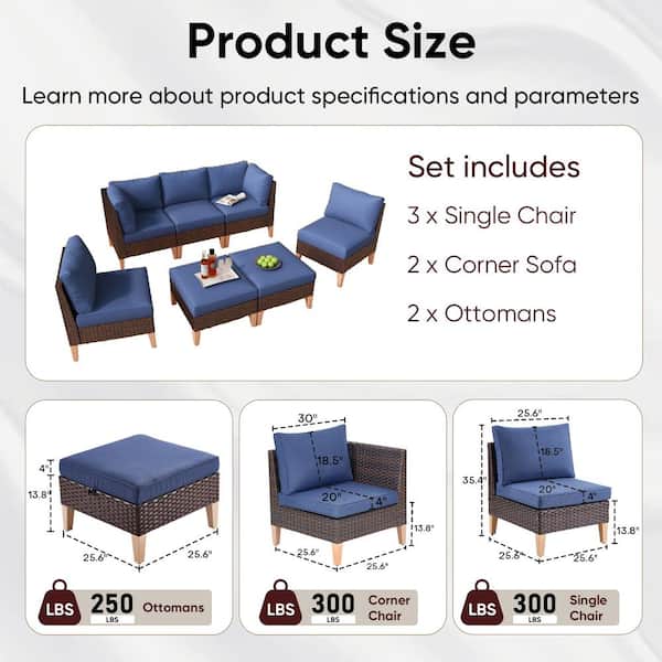 Modular Sofa Collection - 7 Piece Brown Wicker Outdoor Conversation Set Sectional with CushionGuard Blue Cushions
