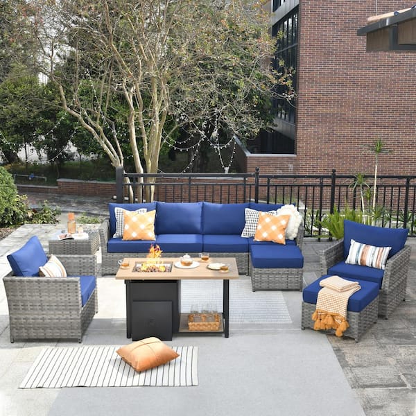 weaxty W Morag Gray 10-Piece Wicker Outerdoor Patio More Storage Space Fire Pit Sectional Seating Set with Navy Blue Cushions