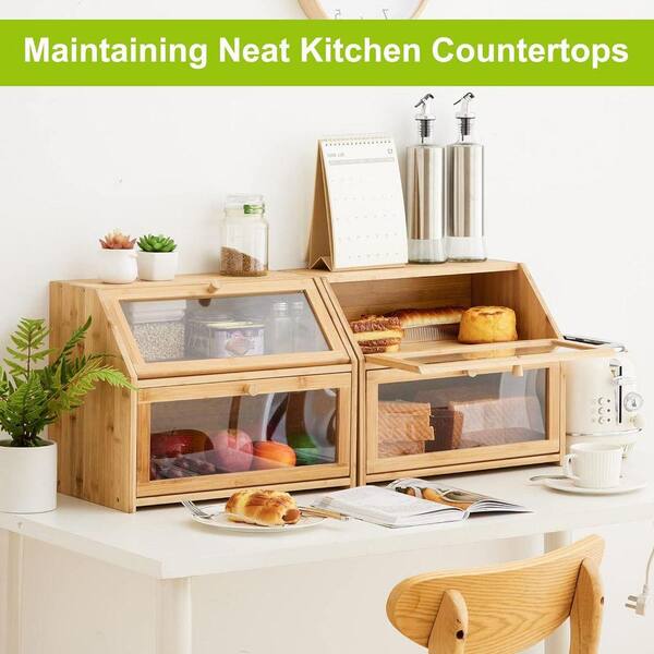 Lynzavix Double Layer Bamboo Bread Box Extra Large Capacity