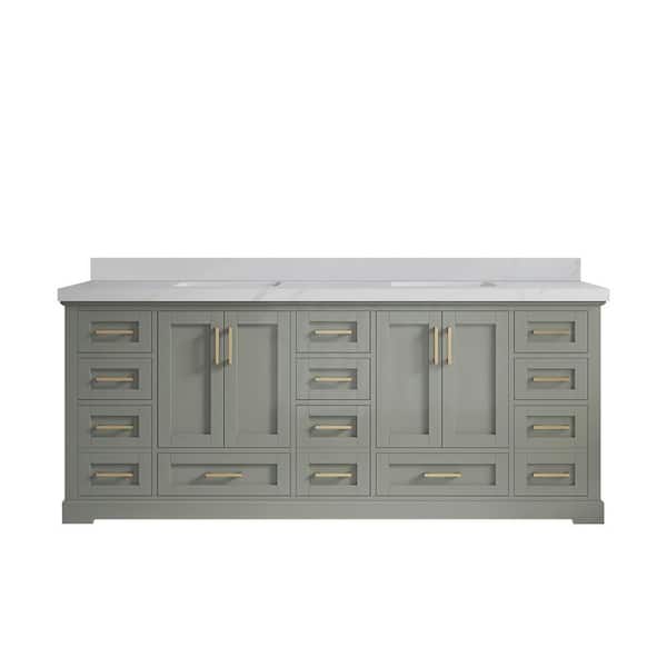 Boston 84 in. Double Sink Freestanding Evergreen Bath Vanity with Calacatta Sienna Quartz Top Unassembled