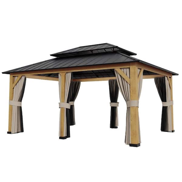 17 ft. x 13 ft. Upgraded Wood Grain Aluminum Patio Gazebo with Double Roof, Netting and Privacy Curtains