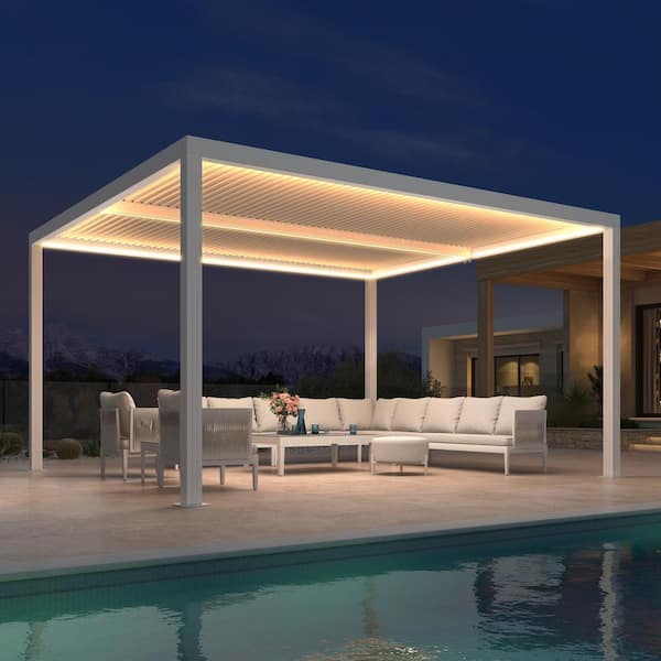 12 ft. x 14 ft. White Aluminum Frame Outdoor Louvered Pergola Gazebo with Adjustable Sunshade Roofs and LED Strip Lights