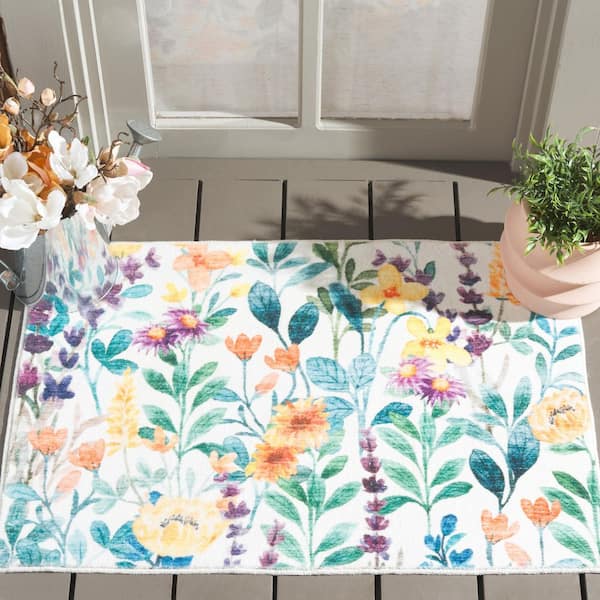 Door and Kitchen Mat 2 ft. x 5 ft. Ivory/Green Floral Washable Runner Rug