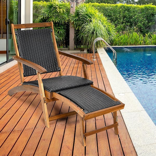 2-Piece Patio Folding Rattan Lounge Chair Wood Frame Retractable Footrest