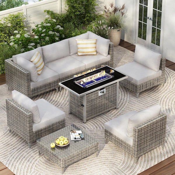 Unbranded Grey 8-Piece Wicker Metal Outdoor Patio Conversation Sectional Set w/ 43 in. Propane Fire Pit Table and Grey Cushions